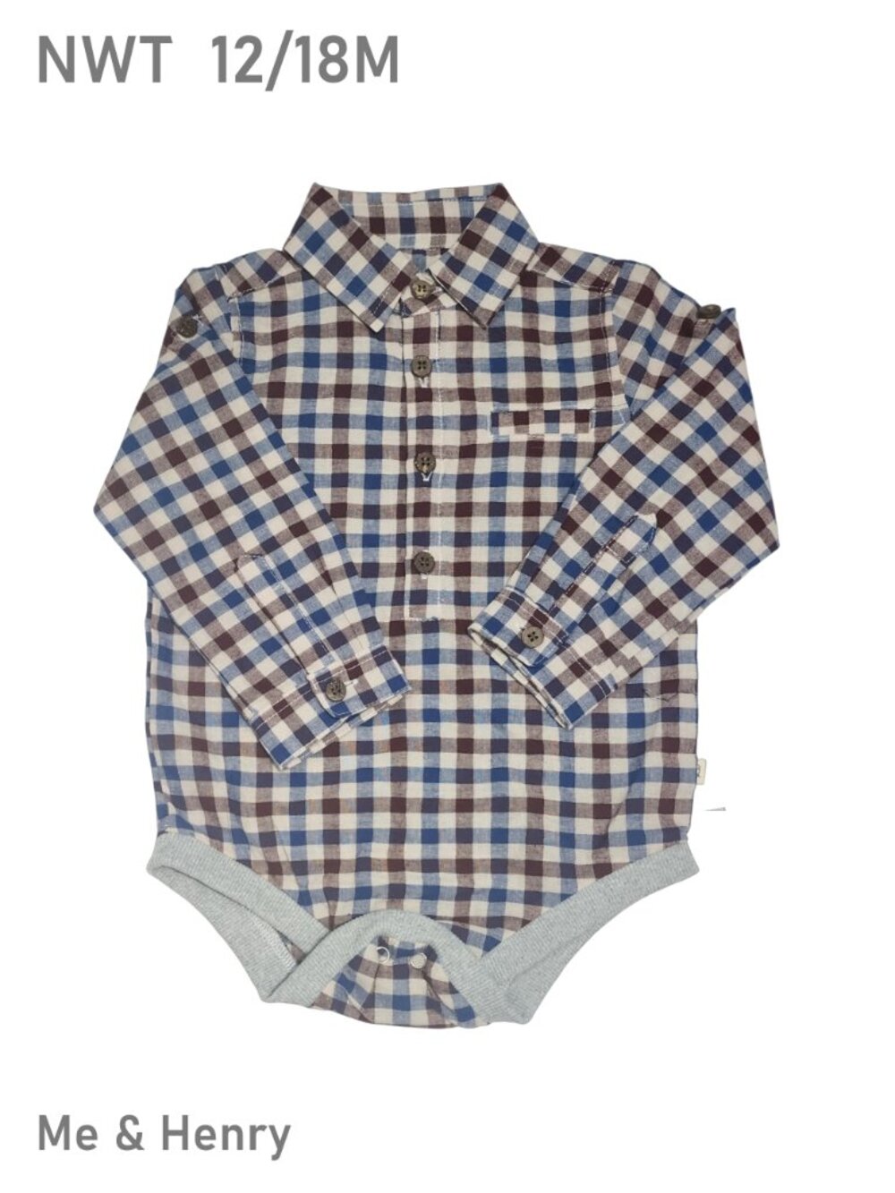 Me & Henry Multicolored Plaid Pattern Woven Long-sleeve Bodysuit size 12/18M